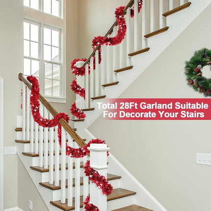 [ 4 String Total 28 Ft ] Valentines Day Red Tinsel Garlands Valentines Red Tree Garland Thick Thin Metallic Streamers Xmas Garland Christmas Decor Home Indoor Outdoor Party Supplies, Each 7Ft by 3.5"