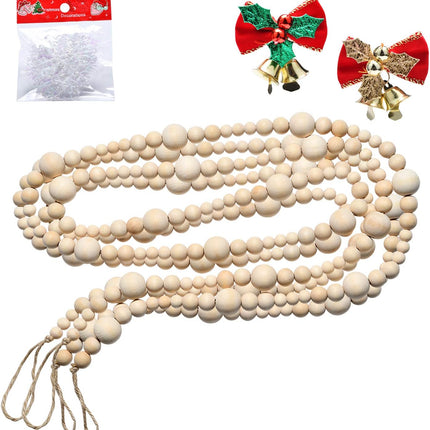 2PCS 86in Christmas Wood Bead Garland, Creative Wooden Beads Garland for Christmas Valentine‘s Day Decor, Farmhouse Wall Home Rustic Country Natural Holiday Decoration Hanging Prayer Beads