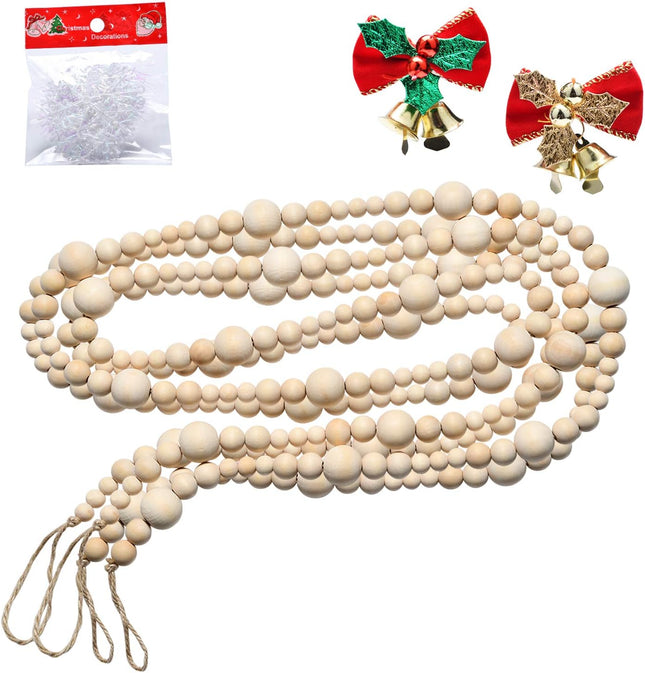 2PCS 86in Christmas Wood Bead Garland, Creative Wooden Beads Garland for Christmas Valentine‘s Day Decor, Farmhouse Wall Home Rustic Country Natural Holiday Decoration Hanging Prayer Beads