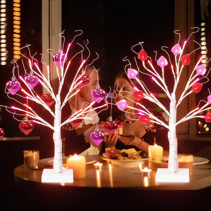 2 PCS 24 Inches Valentines Day Lighted Tabletop Lighted Birch Trees with 18pcs Heart-Shaped Ornaments,Pre-Lit Artificial Tree with Red Pink LEDs Lights for Valentine's Day Party Decor