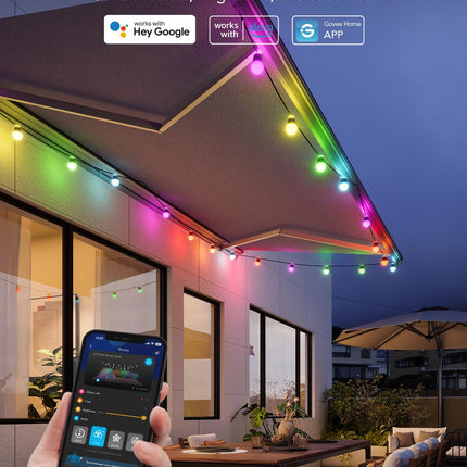 Govee Outdoor String Lights H1, 50ft RGBIC Outdoor Lights with 15 Dimmable Warm White LED Bulbs, Smart Outdoor Lights with 60 Scene Mode, IP65 Waterproof, Work with Alexa for Christmas, Daily Lighting