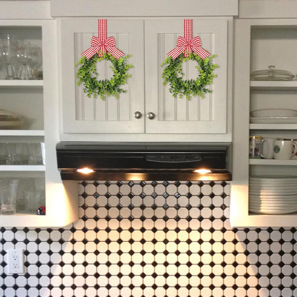 2 Pieces Faux Kitchen Cabinet Wreaths Christmas Boxwood Wreaths with Ribbon Artificial Green Leaves Wreaths Decorative Christmas Hanging Wreaths for Cabinet Wall Window (Red and White)