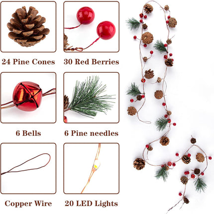 2 Pack Christmas Garland, 6.56 Ft LED String Light with Pine Cones, Red Berries, Bells for Xmas Decor Mantle Fireplace Christmas Holiday Party Thanksgiving Decoration, 20 LED Lights, Battery Operated