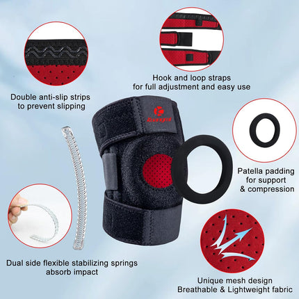 Kuangmi Knee Brace with Side Stabilizers & Patella Gel Pad,Adjustable Compression Knee Support with Arthritis Relief,Injury Recovery,Running,Weightlifting,Climbing(Black,2-Springs,S/M