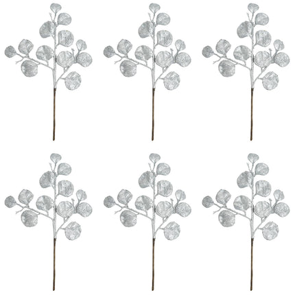 6 Pieces Silver Christmas Tree Picks and Sprays 16.9" Christmas Glitter Eucalyptus Leaves Stems for Christmas Tree Filler Wreath Swag Floral Arrangment Table Centerpieces Decoration