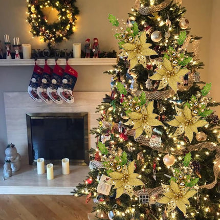 2PCS Christmas Tree Picks Gold Christmas Floral Pick 19.7" Christmas Stems with Ornaments Glitter Leaves Berries Artificial Poinsettia for Xmas Tree Filler Branches Garland Wreath Centerpieces Decor
