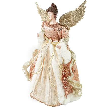 iPEGTOP 16 inches Angel Christmas Tree Topper with Glitter Gold Wings in Nude Pink Dress, Unlit Christmas Treetop Flying Angel Winged Diva Fairy Goddess Figurine Ornaments