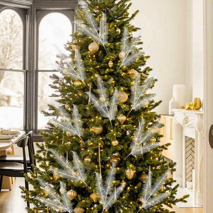 Oairse 8 Pcs Christmas Tree Picks and Sprays White Glitter Christmas Picks 28" Christmas Glitter Feathers Leaves Stems for Christmas Tree Filler Branches Wreaths Centerpieces Holiday Decorations