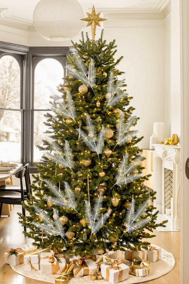 Oairse 8 Pcs Christmas Tree Picks and Sprays White Glitter Christmas Picks 28" Christmas Glitter Feathers Leaves Stems for Christmas Tree Filler Branches Wreaths Centerpieces Holiday Decorations