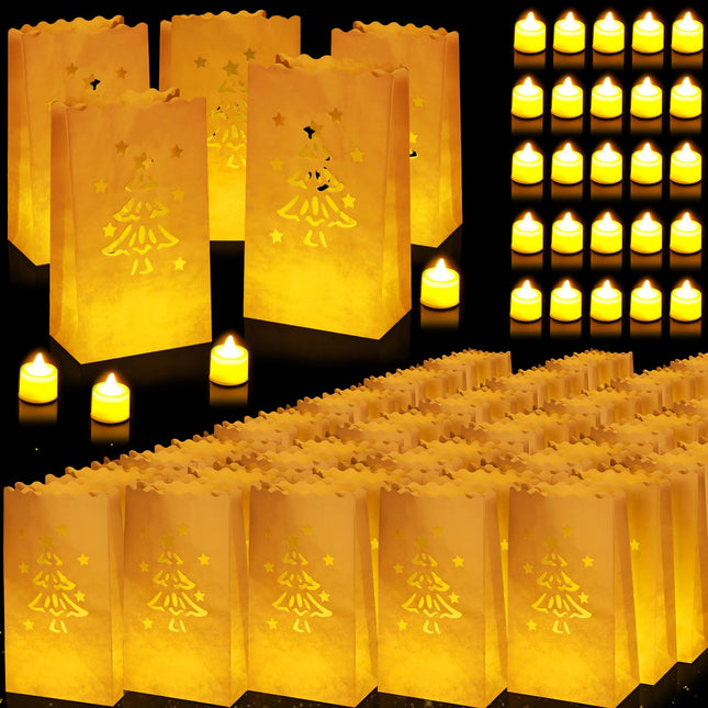 100 Set Luminary Paper Bags with Flameless Tea Lights Christmas Flameless Candle with Luminaries Candle Bag LED Tea Light for Birthday Wedding Halloween Christmas Thanksgiving Party Decor (Tree)