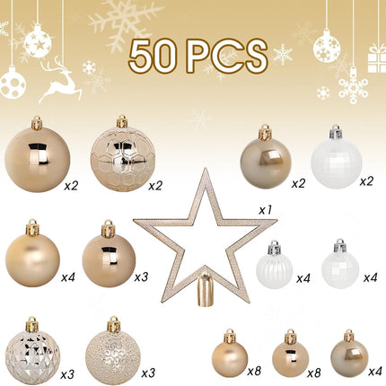 FestiveBliss Christmas Ornaments 50 Pcs, Christmas Balls, Christmas Ball Ornaments Set with Hanging Strings, Shatterproof Christmas Decorations Ornaments for Xmas Tree (Deep Champagne)