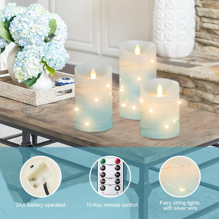 MELTONE Flameless Candles with String Lights Moving Wick Real Wax Ocean Blue Battery Operated Candles with Remote Control & Timer - Home Holiday Farmhouse Christmas Decor - Set of 3