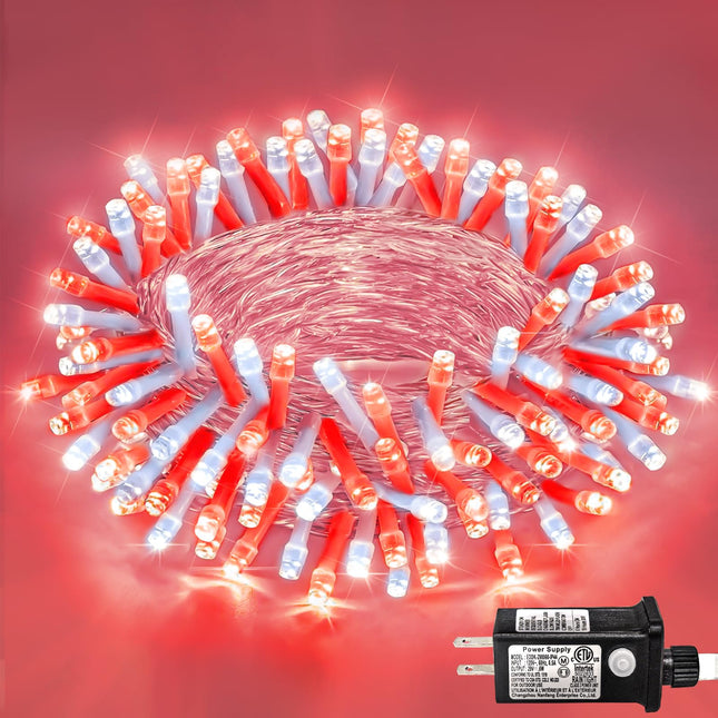 120 LED Red and White Christmas Lights Outdoor, 40ft Christmas String Lights 8 Modes Red White Led Lights Clear Wire, Plug in Waterproof Twinkle Fairy Lights for Bedroom Christmas Decorations