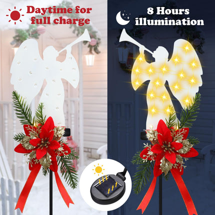 2 Pack Solar Christmas Angel Stake Lights, Solar Powered Led Xmas Angel Metal Stake Lights with Poinsettia, Outdoor Christmas Yard Pathway Lights Decorations for Garden Yard Lawn, 32 Inches