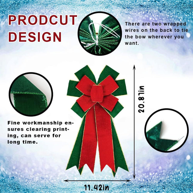 Large Christmas Bows for Wreath, Red Green Velvet Wreath Bows Christmas Green Bows for Front Door, Winter Year Solid Color Burlap Ornament Tree Topper Bows for Christmas Indoor Outdoor Decor