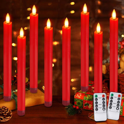 Flameless Candles with Remote: 8 Pack Battery Operated Window Candles 9.6" Real Wax LED Flickering Flameless Taper Candles 3D Wick Lights Halloween Christmas Wedding Birthday Party Decorations (Red)