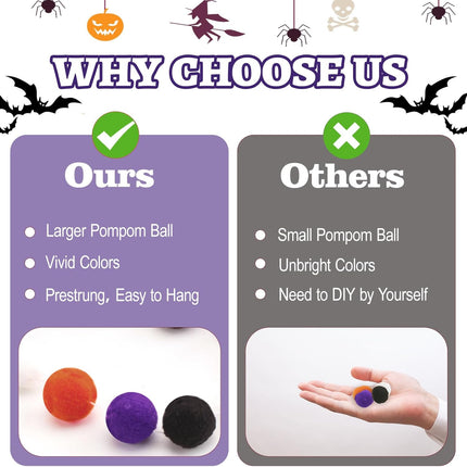 Halloween Garland, 1.2" Large Pompom Garland Black Orange Purple White, 16.4Ft 60 Pompom Ball Garlands, 2Packs Halloween Pompom Garlands for Halloween Party, Home and School Decor