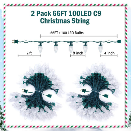 Brightown C9 LED Christmas String Lights, 2 Pack Total 132ft 200LED Outdoor Lights String, Plug-in Connectable Waterproof Roofline String Lights for Outside Christmas Holiday Decor