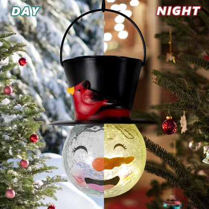 Snowman Solar Lantern, Crackle Glass Solar Lanterns Outdoor Waterproof, Hanging Christmas Lantern for Garden Patio Holiday Decor