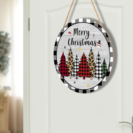 Merry Christmas Door Sign 12x12 Inch Christmas Buffalo Plaid Tree Hanging Decorations Rustic Wooden Holiday Signs Christmas Winter Decorations Sign for Home Porch Yard Christmas Year Plaque