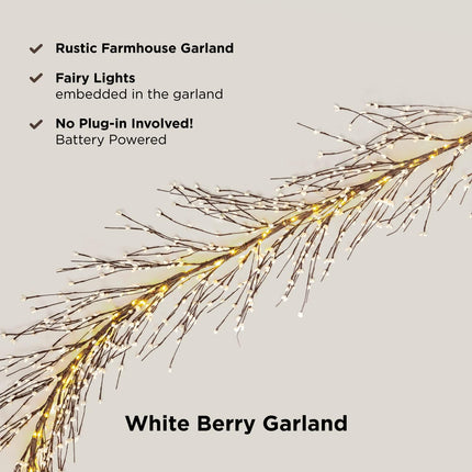 LampLust Christmas Garland with Lights, 6 Ft Lighted Garland, 100 LED Light, White Berry Garland, Battery Powered, Timer Included, Christmas Decorations Indoor, Fall Garland for Mantle, Holiday Decor