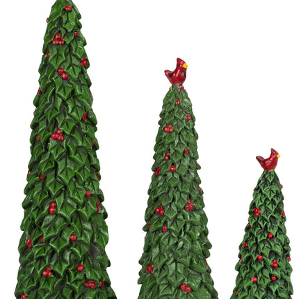 Set of 3 Sculpted Resin Holly Christmas Trees with Red Cardinals and Berries, 6, 9 and 12 Inches High