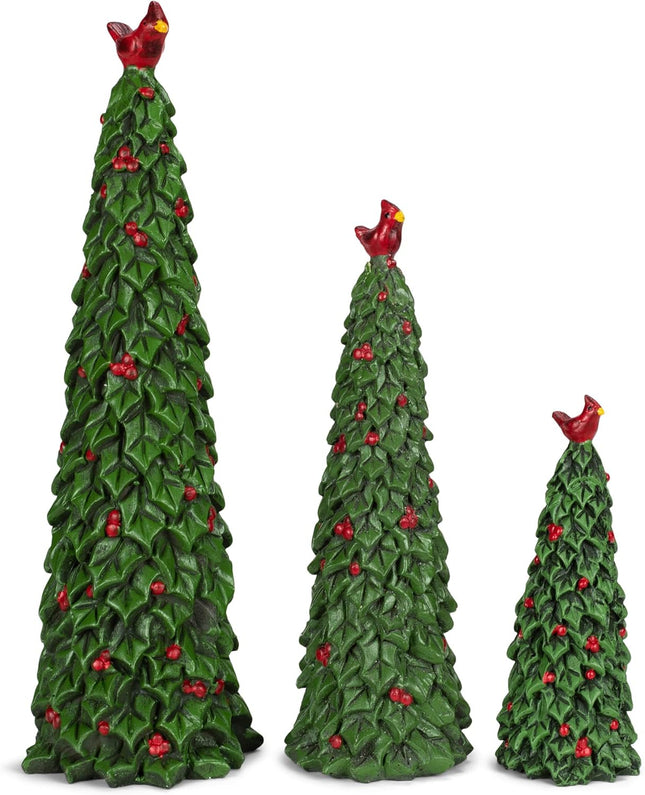 Set of 3 Sculpted Resin Holly Christmas Trees with Red Cardinals and Berries, 6, 9 and 12 Inches High