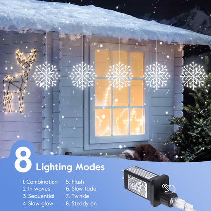 Christmas Snowflake Icicle Lights Outdoor - Plug-in 10.5ft 5 Drops 240LED Snowflake Window Lights with 8 Modes, Hanging Lights for Indoor Outdoor Porch Eaves Rooftops Pergola Canopy Christmas Decor