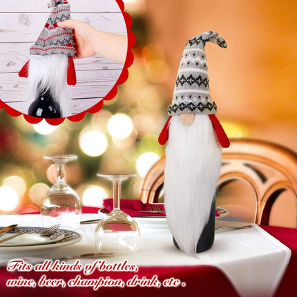D-FantiX Christmas Gnome Wine Bottle Covers, 4 Pack Handmade Tomte Swedish Gnomes Wine Bottle Toppers Decorative Santa Scandinavian Plush Christmas Decorations Year Dining Table Decor Party