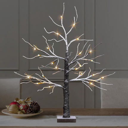 Snow Dusted Tabletop Christmas Tree, 24” Battery Operated Artificial Snowy Tree Lights with 24 Warm White LED Timer Function for Indoor Christmas Winter Party Decor