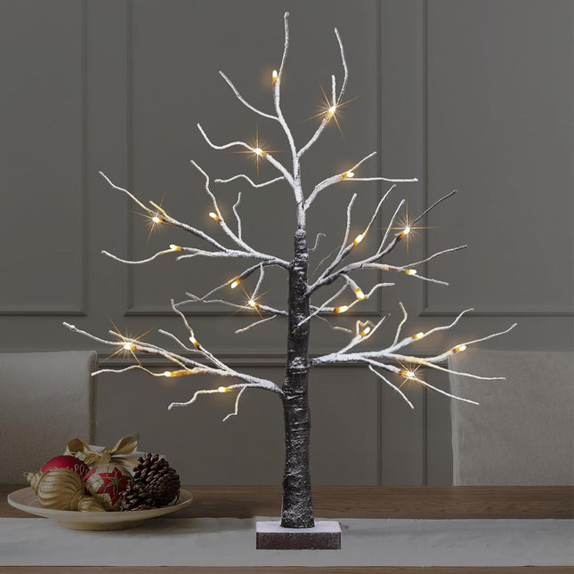 Snow Dusted Tabletop Christmas Tree, 24” Battery Operated Artificial Snowy Tree Lights with 24 Warm White LED Timer Function for Indoor Christmas Winter Party Decor