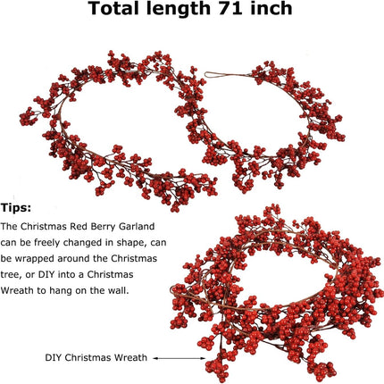 Christmas Red Berry Garland, 6FT Artificial Red Berry Garland Bendable Stems for Christmas Tree Fireplace Home Party, Burgundy Red Berry Wreath for Christmas Year Holiday Winter, 1pcs