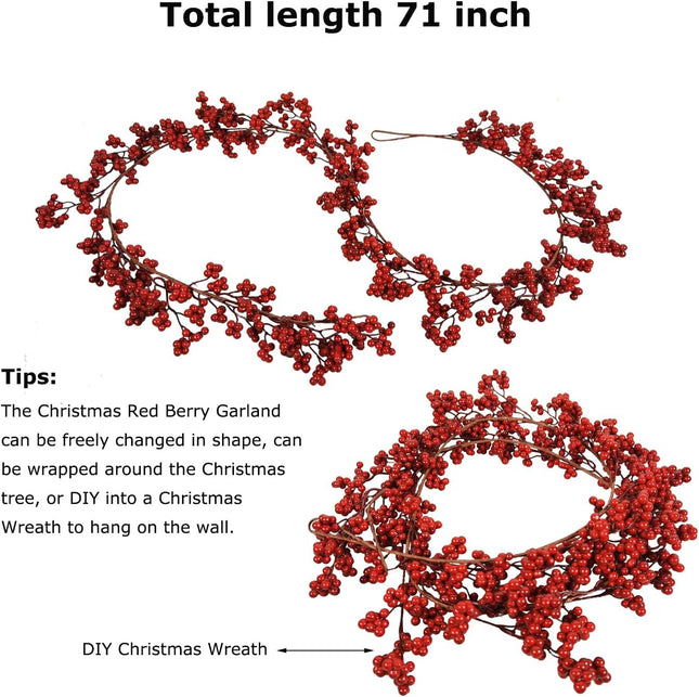 Christmas Red Berry Garland, 6FT Artificial Red Berry Garland Bendable Stems for Christmas Tree Fireplace Home Party, Burgundy Red Berry Wreath for Christmas Year Holiday Winter, 1pcs