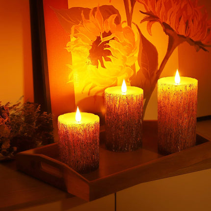 AKU TONPA Pine Bark Effect Flameless Candles Battery Operated Pillar Real Wax Flickering Electric LED Candle Sets with Remote Control Cycling 24 Hours Timer, 3" x 4" 5" 6" Pack of 3