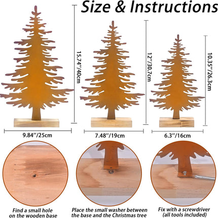 3 Pcs Metal Christmas Tree Tabletop Decor, Rustic Steel Pine Trees Table Centerpieces, Christmas Tree Art Holiday Fall Decoration, with Wood Base for Xmas Fall Winter Holiday (Yellow)
