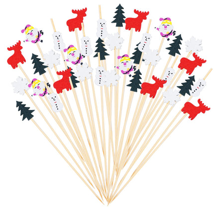 100pcs Christmas Cocktail Picks Appetizer Decorative Toothpicks Santa Claus Wooden Fruits Pick Snowflake Snowman Christmas Tree Elk Bamboo Sticks for Drink Cake Topper Dessert Xmas Party Food Decor