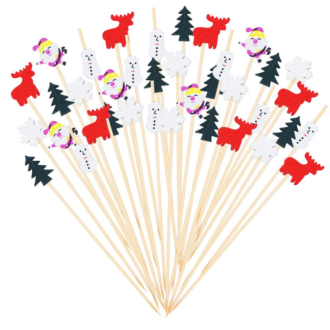 100pcs Christmas Cocktail Picks Appetizer Decorative Toothpicks Santa Claus Wooden Fruits Pick Snowflake Snowman Christmas Tree Elk Bamboo Sticks for Drink Cake Topper Dessert Xmas Party Food Decor