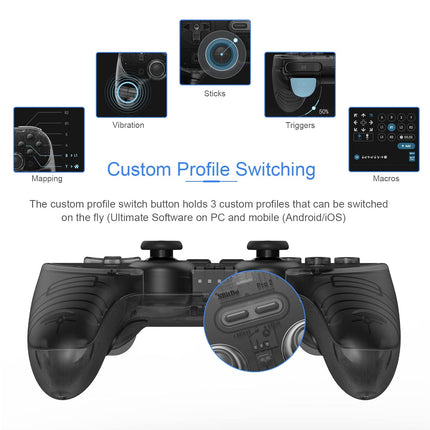 AKNES 8BitDo Pro 2 Bluetooth Wireless Controller for Switch/Switch OLED with 2pcs Silicone Joycon Thumb Grip Caps,Gamepads for Steam Deck,MacOS,iOS,PC,Android & Raspberry Pi(Clear/Transparent Black)