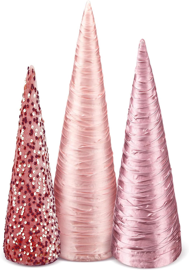 Ceenna 3 Pcs Pink Christmas Cone Trees, Velvet Sequin Christmas Tree Cones Modern Winter Tree Decorations Handmade Table Centerpiece Decor for Xmas Farmhouse Home Decor (13.7inch, 11.8inch, 9.8inch)