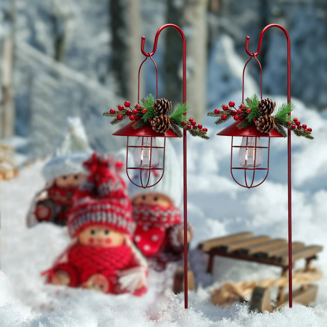 2Pack Solar Christmas Metal Hanging Lanterns with Shepherd Hook Outdoor Led Garden for Christmas Decorations