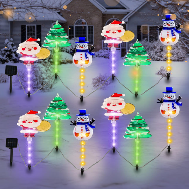 12PCS Christmas Tree Pathway Stake Lights Solar Outdoor Garden Lights,13.2FT Christmas Santa Claus,Snowman Figurine Lights with 8 Modes for Yard,Xmas,Walkway(2Sets)