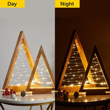 2 Pcs Wood Christmas Tree with Lights-Modern Farmhouse Christmas Wooden Tree Centerpieces for Tables Christmas Holiday Decorations Home Party Table Fireplace Mantle Shelf Decor(Brown)