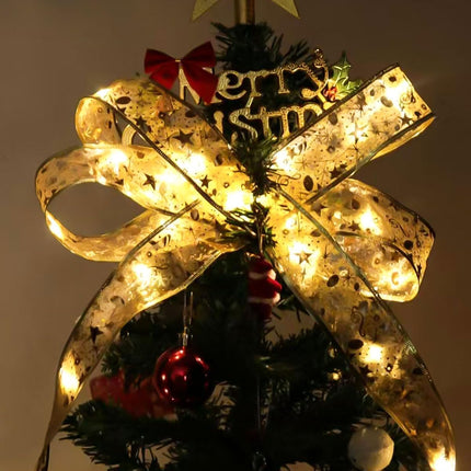32ft Christmas Tree Ribbon with 100 LED Lights, Gold Wired Ribbon for Christmas Tree with Battery & USB Powered, 8 Lighting Modes, Xmas Tree Decorations, Christmas Ribbon Lights