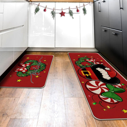 Christmas Believe Santa Mouse Red Kitchen Rugs Set of 2, Xmas Wreath Peppermint Candy Kitchen Mats Decor, Winter Holiday Floor Door Mat Home Decorations -17x29 and 17x47 Inch