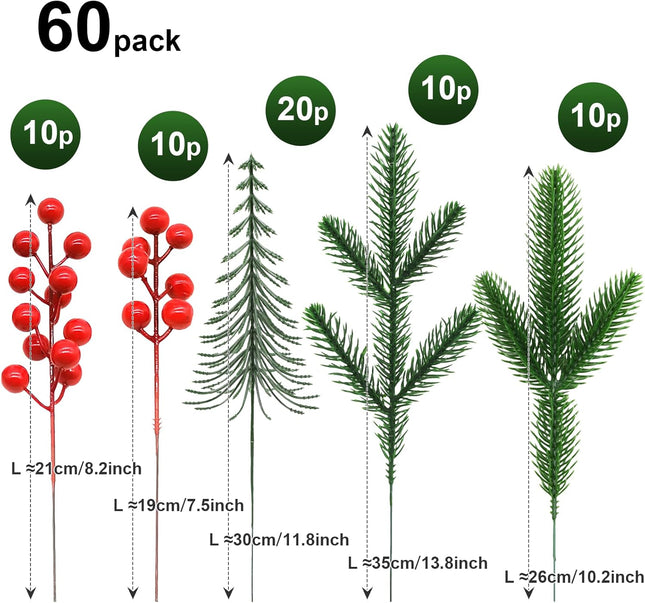 60 Pcs Christmas Artificial Pine Branches with Red Berry Stems Fake Greenery Pine Picks Artificial Red Berry Stems Artificial Pine Needles Branches for DIY Christmas Garland Wreath Xmas Decoration