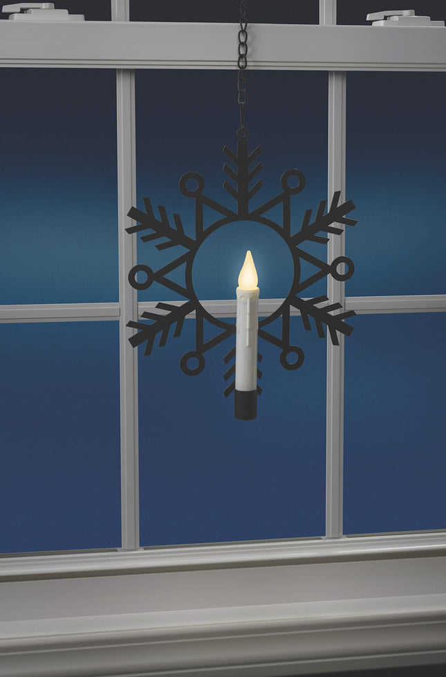 CW1500A Battery Powered Metal Snowflake Window Wreath with Warm White Flickering Flameless Candle Light and Automatic Timer, Black and White, Single
