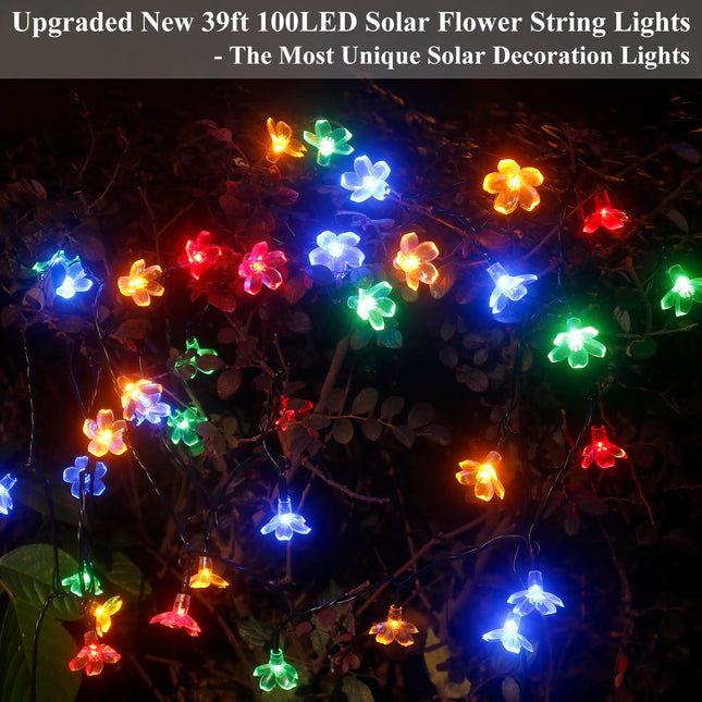 Solar Flower String Lights Outdoor, 39ft 100LED Solar String Lights for Outside Waterproof, Solar Fairy Lights for Garden Patio Yard Lawn Party Balcony Christmas Decorations (Multi-Colored)
