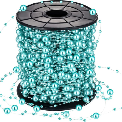 200 Feet Teal Blue Pearl Beads Garland Chain Christmas Artificial Pearl Strands Bead Decor Round Shiny Beads String Garland for Christmas Tree Party Decor Teal Wedding Bridal Bouquet Craft DIY