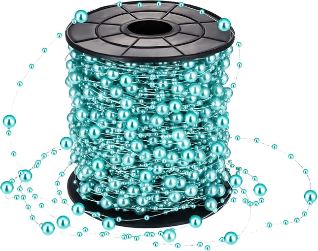 200 Feet Teal Blue Pearl Beads Garland Chain Christmas Artificial Pearl Strands Bead Decor Round Shiny Beads String Garland for Christmas Tree Party Decor Teal Wedding Bridal Bouquet Craft DIY