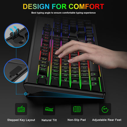 Wireless Gaming Keyboard and Mouse, Rechargeable Rainbow Backlit Wireless Keyboard and Ergonomic Light Up Mouse Combo for Windows, Mac, PC, Laptop